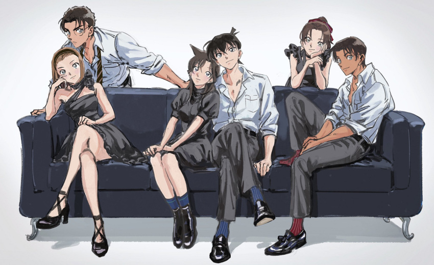 3boys 3girls black_dress brown_hair collared_shirt commentary_request couch crossed_legs dark-skinned_male dark_skin dress hand_on_own_face high_heels highres kudou_shin'ichi kyougoku_makoto masso meitantei_conan mouri_ran multiple_boys multiple_girls on_couch ponytail red_socks shirt sitting smile socks suzuki_sonoko