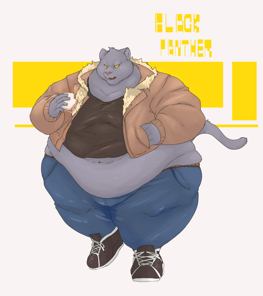 absurd_res anthro belly belly_overhang big_belly black_fur chubby_cheeks clothed clothing eating felid food fur hand_in_pocket hi_res holding_food holding_object jaguar jeans love_handles male mammal midriff navel obese obese_male open_mouth overweight overweight_male pantherine pants pockets sandwich_(food) solo thick_thighs tight_clothing walking wide_hips ガブ