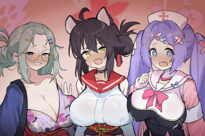 3girls :d @_@ ahoge animal_ears black_choker black_hair blue_archive blue_eyes blush breasts choker cleavage closed_mouth extra_ears fang glasses green_hair hair_bun hair_ornament hairclip halo hanae_(blue_archive) hat highres jacket japanese_clothes kaede_(blue_archive) kimono large_breasts long_hair long_sleeves looking_at_viewer makura_u9b meru_(blue_archive) multiple_girls nurse_cap official_alternate_costume open_clothes open_jacket open_mouth pink_halo pink_jacket purple_hair purple_halo purple_kimono red_halo red_sailor_collar round_eyewear sailor_collar short_hair single_side_bun skin_fang smile twintails white_hat white_sailor_collar yellow_eyes