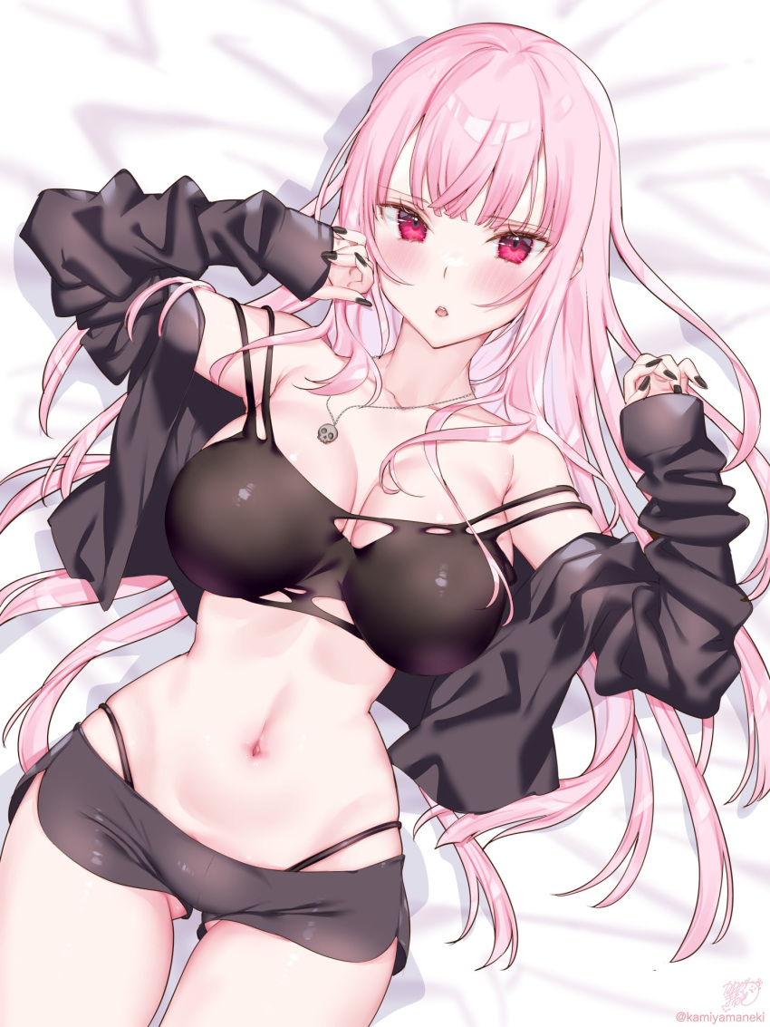 1girl black_nails blush breasts cardigan highres hololive hololive_english jewelry kamiya_maneki large_breasts long_hair looking_at_viewer mori_calliope navel necklace open_cardigan open_clothes open_mouth pink_hair red_eyes skull_necklace solo tank_top torn_clothes torn_tank_top virtual_youtuber