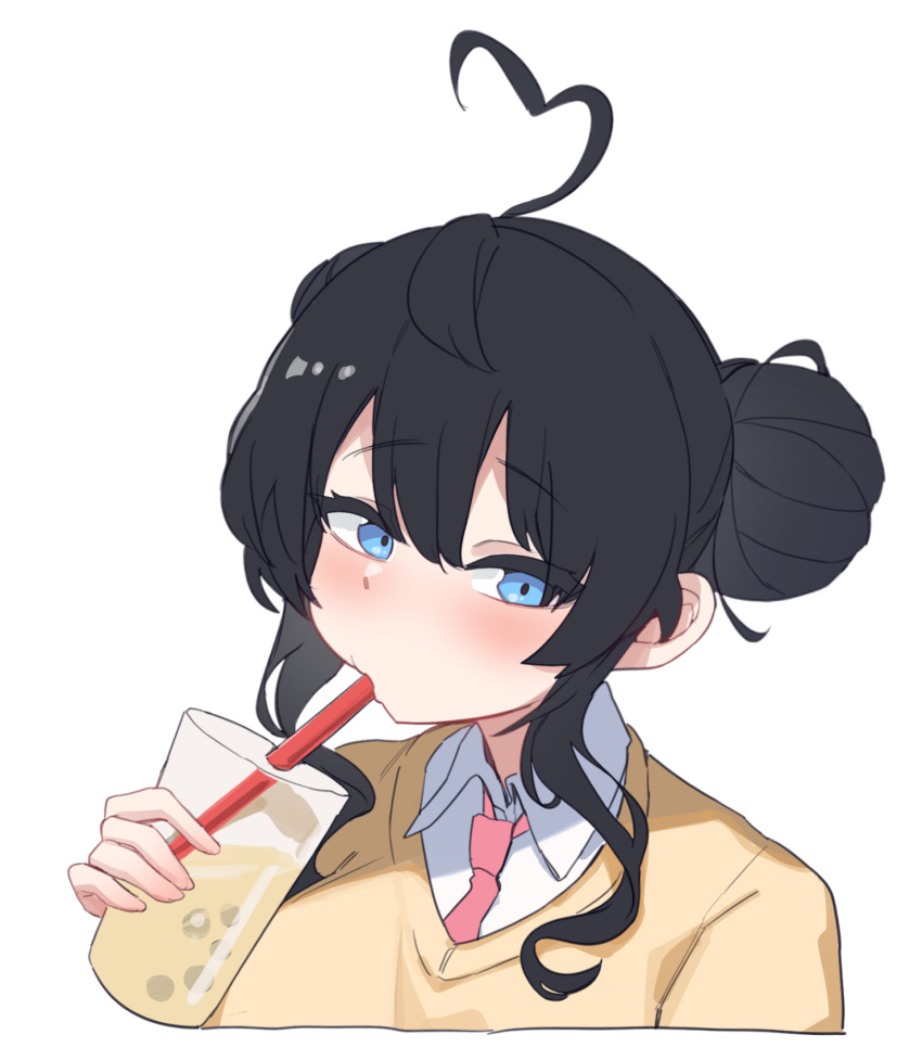 1girl ahoge aningay black_hair blue_eyes blush bubble_tea collared_shirt cropped_torso cup disposable_cup double_bun drinking drinking_straw hair_between_eyes hair_bun heart heart_ahoge highres holding holding_cup long_hair necktie original pink_necktie shirt simple_background solo sweater upper_body white_background white_shirt yellow_sweater