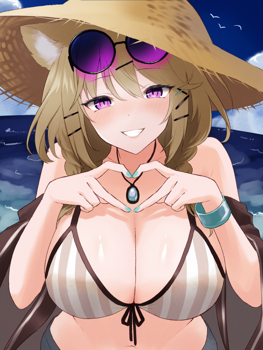 1girl :d absurdres animal_ear_fluff animal_ears aqua_nails arknights bare_shoulders bikini blush bracelet braid breasts brown_bikini brown_hair brown_hat brown_jacket cleavage day dr.lamina eyewear_on_head front-tie_bikini_top front-tie_top grin hat heart heart_hands highres huge_breasts jacket jewelry long_sleeves looking_at_viewer nail_polish navel necklace off_shoulder official_alternate_costume open_clothes open_jacket outdoors parted_lips purple-tinted_eyewear purple_eyes smile solo straw_hat striped_bikini striped_clothes sunglasses swimsuit tinted_eyewear twin_braids upper_body utage_(arknights) utage_(summer_flowers)_(arknights) vertical-striped_bikini vertical-striped_clothes water