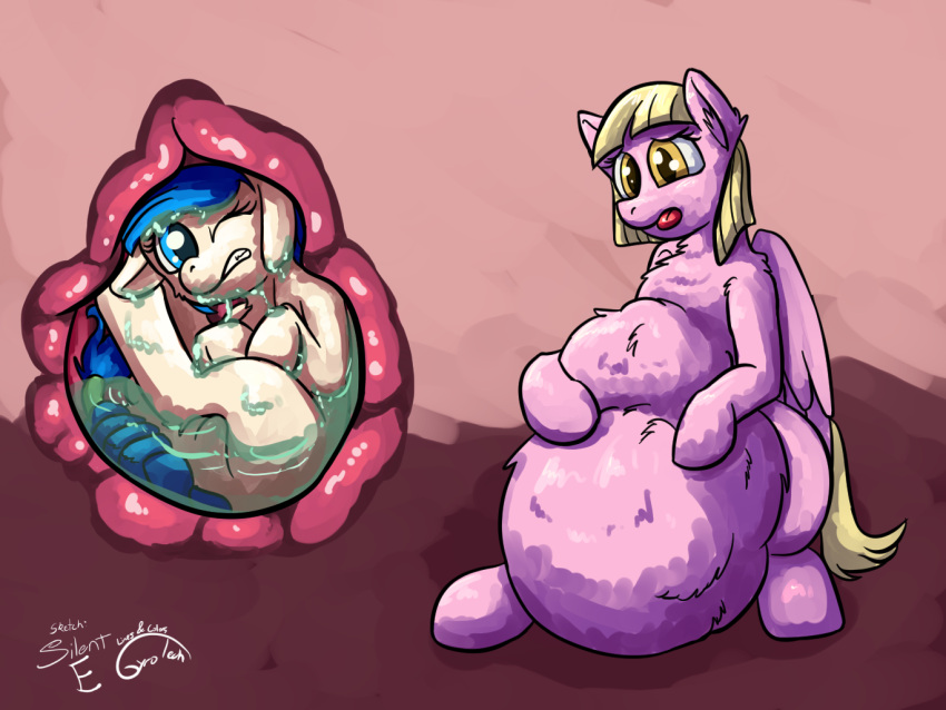 abdominal_bulge blonde_hair cutie_mark equid equine female female_pred female_prey feral feral_pred feral_prey gyrotech hair hasbro hooves internal mammal mane my_little_pony mythological_creature mythological_equine mythology organs pegasus pink_body same_size_pred silent_e stomach sweet_treat_(gyro) vore wings yellow_eyes