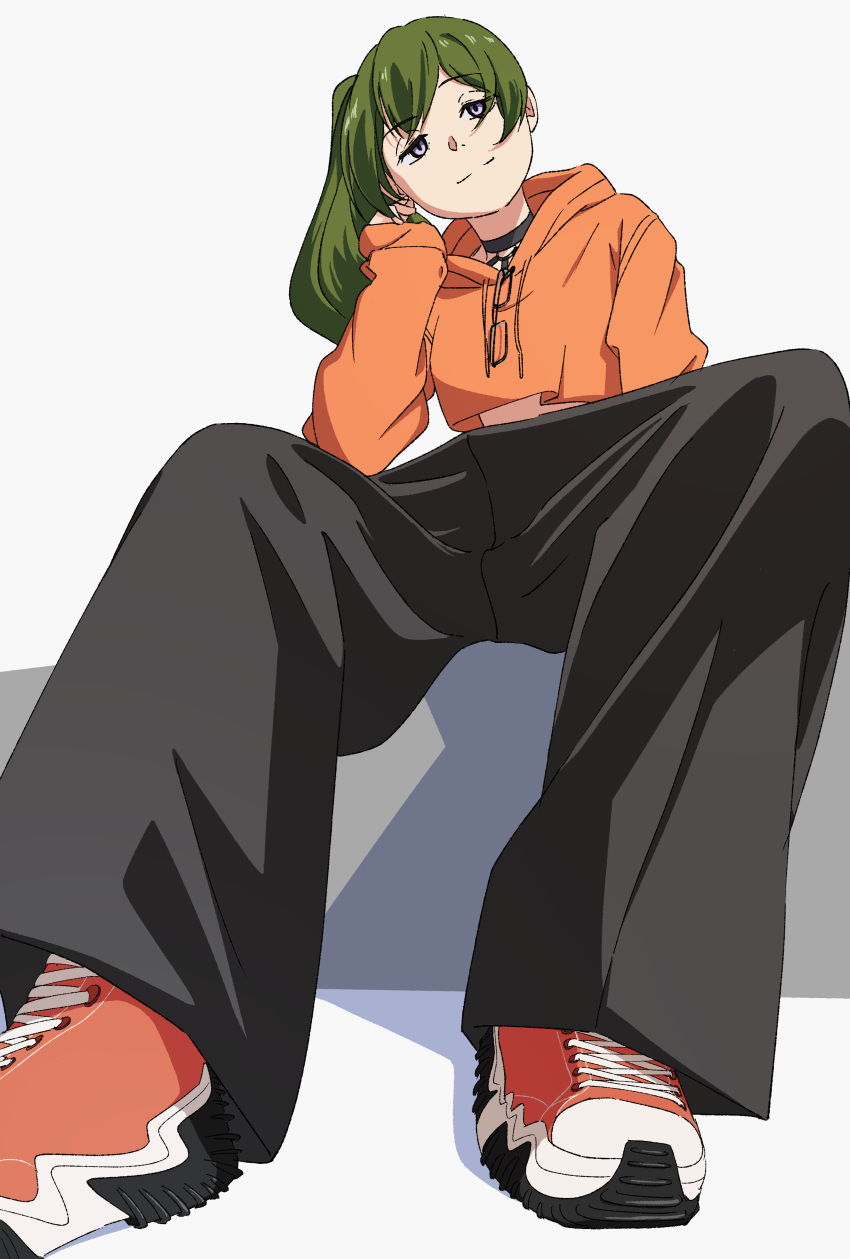 1girl absurdres baggy_pants black_pants choker closed_mouth contemporary daidaiyaoyao from_below glasses green_hair head_tilt highres hood hoodie light_smile long_hair looking_at_viewer midriff o-ring orange_hoodie pants purple_eyes shadow shoes side_ponytail sitting sneakers solo sousou_no_frieren ubel_(sousou_no_frieren) unworn_eyewear