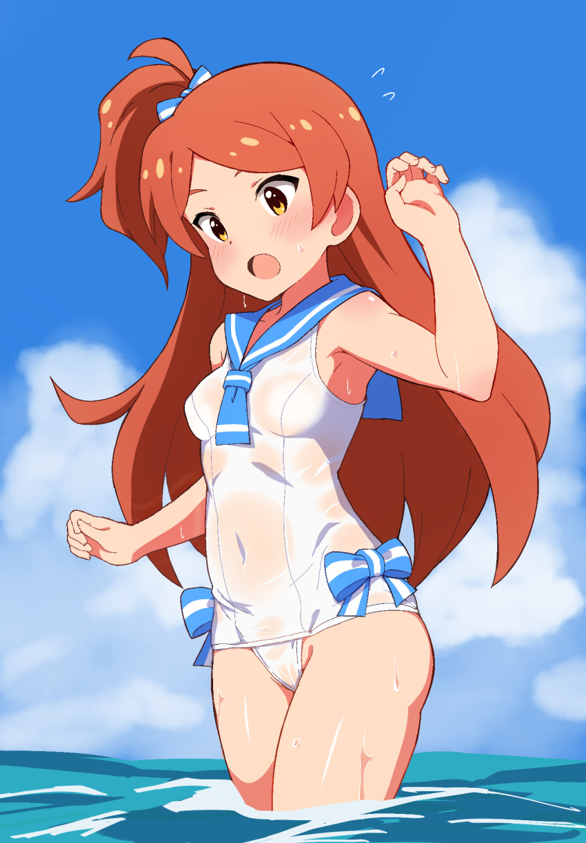 1girl :o armpits blue_bow blue_ribbon blue_sailor_collar blue_sky blush bow breasts cloud cloudy_sky covered_navel cowboy_shot dot_nose flipped_hair hair_ribbon hand_up high_side_ponytail highres idolmaster idolmaster_million_live! idolmaster_million_live!_theater_days long_hair nejime_(nejimeinu) ocean ogami_tamaki one-piece_swimsuit open_mouth orange_hair parted_bangs ribbon ribbon-trimmed_swimsuit ribbon_trim sailor_collar sailor_one-piece_swimsuit sailor_swimsuit_(idolmaster) see-through_swimsuit sidelocks sky small_breasts smile solo standing sweat sweatdrop swimsuit water water_drop wet wet_clothes wet_swimsuit yellow_eyes