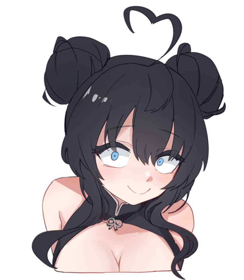 1girl ahoge aningay bare_shoulders black_dress black_hair blue_eyes breasts china_dress chinese_clothes cleavage cleavage_cutout closed_mouth clothing_cutout cropped_torso double_bun dress hair_between_eyes hair_bun heart heart_ahoge highres large_breasts long_hair looking_at_viewer original simple_background sleeveless sleeveless_dress smile solo upper_body white_background wide-eyed