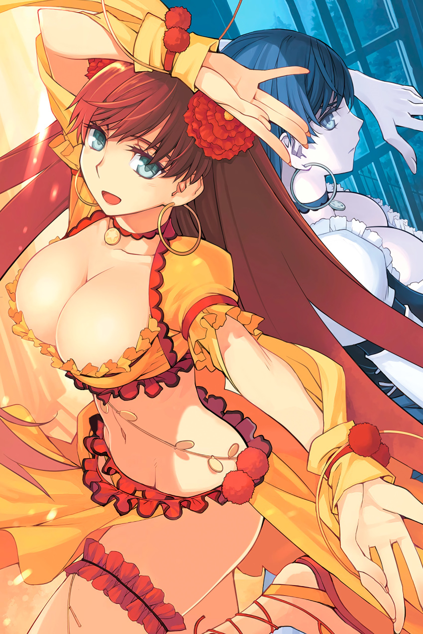 1girl absurdres alcohol alternate_costume arabian_clothes beer belly_chain blue_eyes breasts brown_hair cleavage dancer earrings fate/grand_order fate_(series) flower hair_flower hair_ornament highres jewelry large_breasts looking_at_viewer mata_hari_(fate) non-web_source official_art oomori_aoi smile