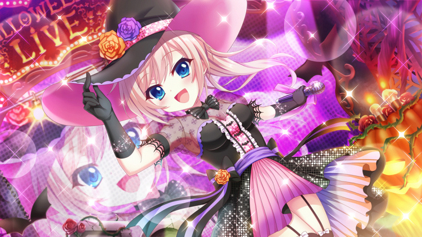 1girl :d bat_(animal) black_bow black_bowtie black_dress black_garter_straps black_gloves black_hat black_ribbon black_thighhighs blue_eyes bow bowtie breasts candle cleavage concert dot_nose dress dutch_angle film_grain flower game_cg garter_straps gloves halloween hand_on_headwear hand_up hat hat_flower hat_ribbon himura_nagisa holding holding_microphone idol idol_clothes izumi_tsubasu jack-o'-lantern lens_flare long_hair medium_breasts microphone multicolored_clothes multicolored_skirt non-web_source official_art open_mouth orange_flower orange_rose outstretched_arm pink_hair pink_ribbon plant purple_flower purple_ribbon purple_rose purple_skirt re:stage! red_flower red_rose ribbon rose screen see-through see-through_cleavage sequins skirt smile solo sparkle striped_ribbon thighhighs thorns two-sided_fabric two-sided_skirt two-tone_ribbon vines white_skirt wide_brim witch_hat zettai_ryouiki
