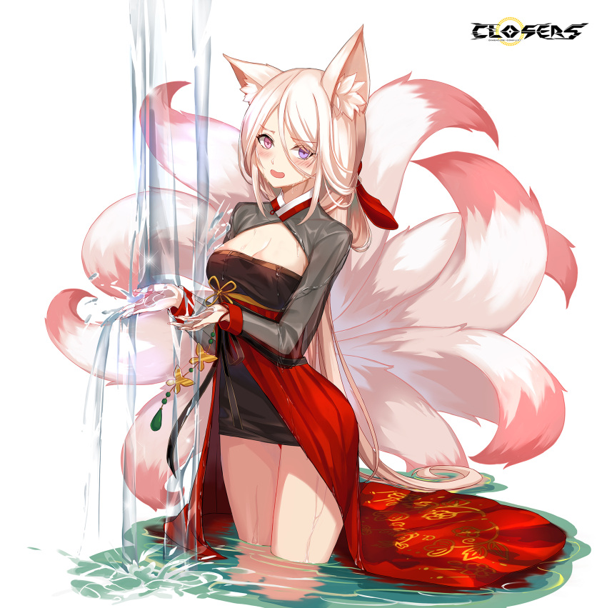 1girl alternate_hair_color animal_ear_fluff animal_ears bai_winchester black_dress blush breasts cleavage cleavage_cutout closers clothing_cutout copyright_name cowboy_shot dress embarrassed fox_ears fox_girl fox_tail frown heterochromia highres kitsune kyuubi large_breasts layered_dress logo long_hair long_sleeves looking_at_viewer low_ponytail multiple_tails official_art open_mouth pink_eyes pink_tail purple_eyes red_dress see-through see-through_sleeves solo standing tail two-tone_dress very_long_hair wading washing_hands water waterfall wet wet_clothes white_background white_hair