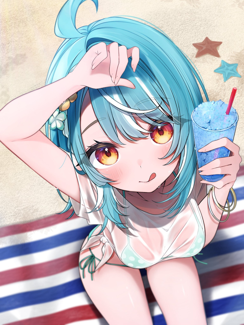 1girl aoi_migo beach bikini bikini_under_clothes blue_bikini blue_hair breasts cup from_above hair_ornament hand_on_own_head highres holding holding_cup looking_at_viewer looking_up multicolored_hair official_alternate_costume orange_eyes see-through see-through_shirt shiranami_ramune shiranami_ramune_(summer_c102) shirt sitting smile solo streaked_hair swimsuit tongue tongue_out virtual_youtuber vspo! wet wet_clothes white_hair white_shirt