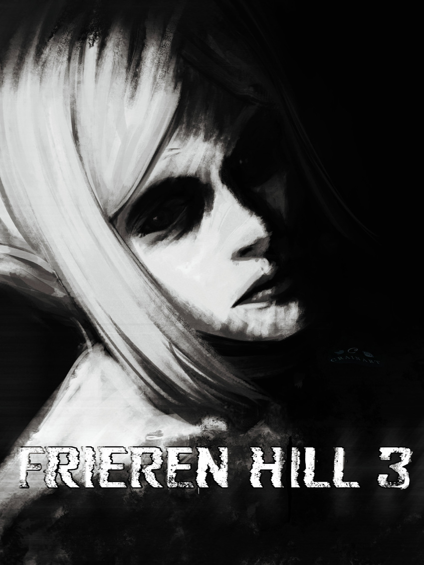 1girl absurdres crain1art english_text frieren highres looking_at_viewer parody partially_shaded_face shaded_face shadow silent_hill_(series) silent_hill_3 solo sousou_no_frieren