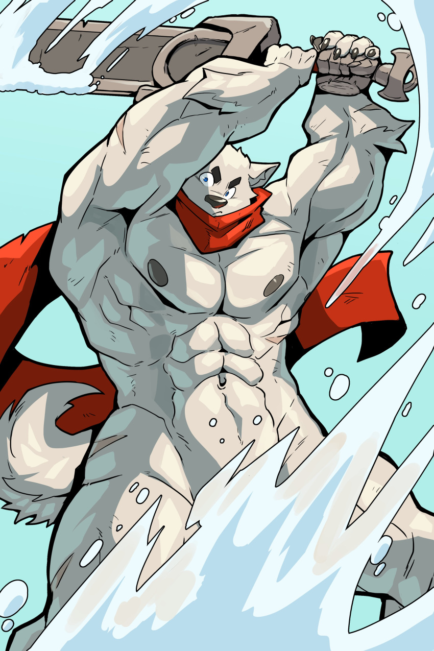 2024 abs absurd_res anthro bruno_(ceehaz) canid canine canis ceehaz convenient_censorship domestic_dog fur hi_res holding_object holding_sword holding_weapon male mammal melee_weapon mostly_nude muscular muscular_male nipples nordic_sled_dog samoyed scar scarf scarf_only solo spitz sword weapon white_body white_fur