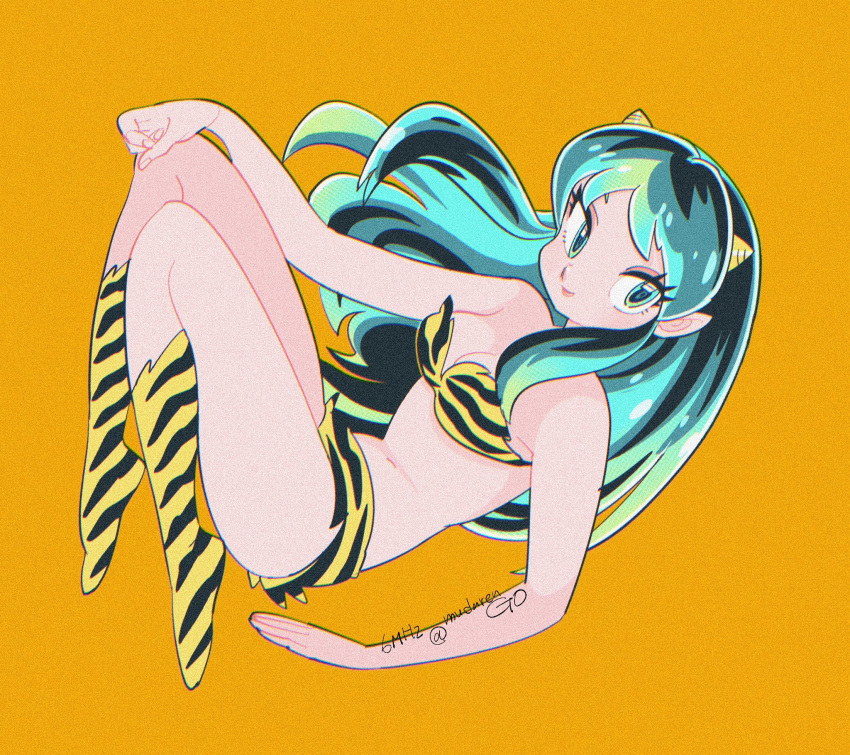 1girl animal_print artist_name bikini breasts cleavage cone_horns eyelashes full_body gradient_hair green_eyes green_hair hand_on_own_knee highres horns knees_up light_smile long_hair looking_at_viewer lum muda_rengou_to_ziggy_stardust multicolored_hair navel panties pointy_ears print_bikini print_footwear print_panties sidelocks simple_background solo swimsuit tiger_print underwear urusei_yatsura yellow_background yellow_bikini