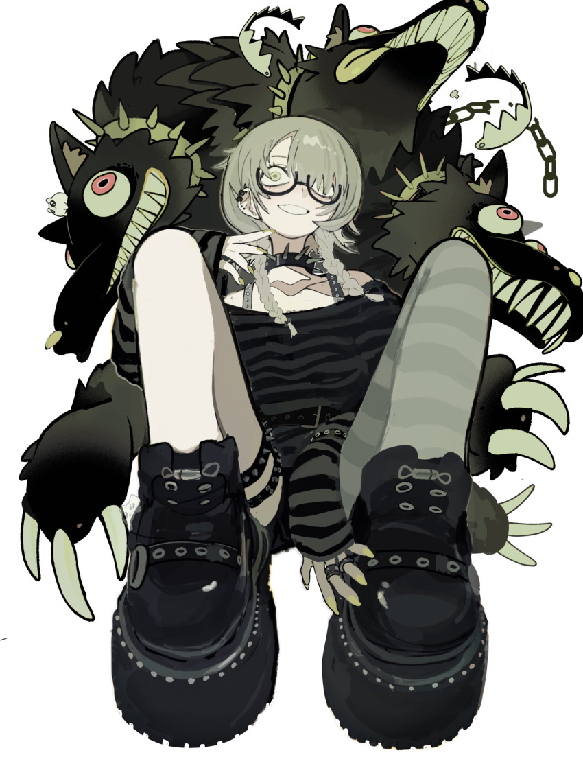 1girl animal black_collar black_footwear braid chappii_(paon_gunsou) collar dog glasses green_eyes grin highres original sharp_teeth shirt sitting smile spiked_collar spikes striped_clothes striped_shirt striped_sleeves teeth twin_braids white_background