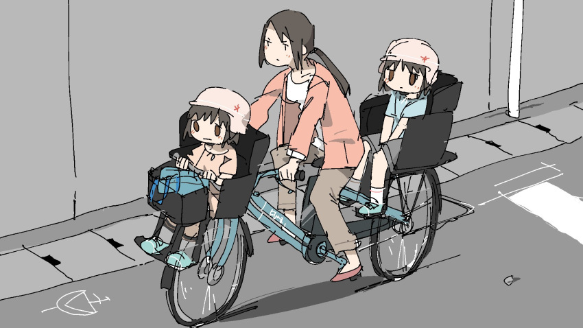 1boy 2girls bicycle blue_bag blue_shirt blush brown_hair brown_pants child closed_mouth full_body helmet highres jacket long_hair long_sleeves low_ponytail multiple_girls open_clothes open_jacket orange_jacket original outdoors pants riding riding_bicycle shirt short_hair short_sleeves sitting tsukumizu_yuu white_shirt