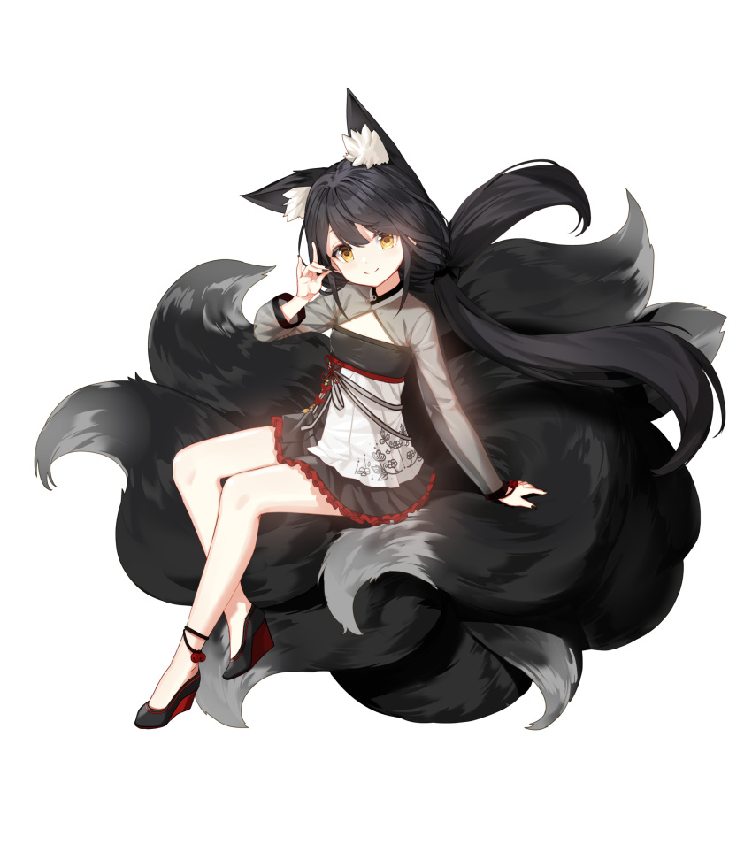 1girl alternate_hair_color animal_ear_fluff animal_ears ankle_bell arm_support black_bow black_dress black_footwear black_hair black_sleeves black_tail bow cleavage_cutout closed_mouth closers clothing_cutout dress flat_chest fox_ears fox_girl fox_shadow_puppet fox_tail full_body hair_bow hand_up high_heels highres kitsune kyuubi layered_dress long_hair long_sleeves looking_at_viewer low_twintails lucy_(closers) multiple_tails official_art see-through see-through_sleeves sitting sitting_on_tail smile solo tachi-e tail twintails two-tone_dress wedge_heels white_background white_dress yellow_eyes