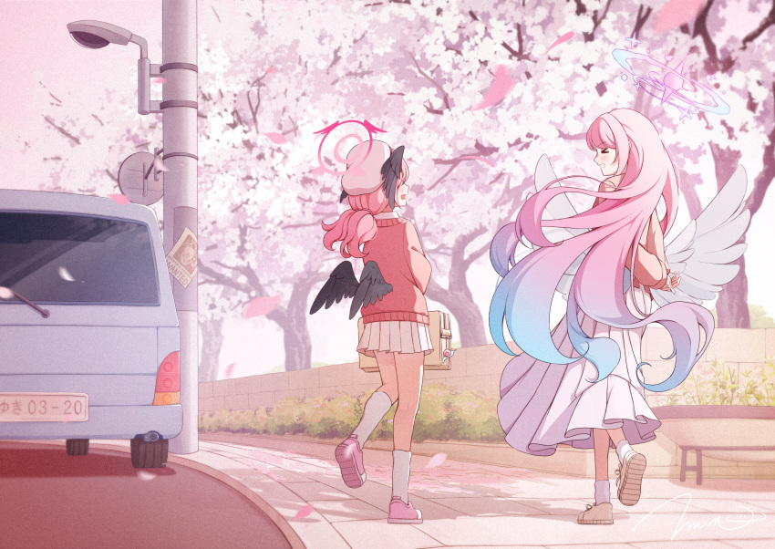 &gt;_&lt; 2girls angel_wings beret black_wings blue_archive blush car cardigan cherry_blossoms day feathered_wings gyeou_lee halo hat head_wings highres koharu_(blue_archive) long_hair long_sleeves mika_(blue_archive) motor_vehicle multiple_girls open_mouth outdoors petals pink_cardigan pink_footwear pink_hair pink_halo pleated_skirt red_halo shoes signature skirt smile socks twintails white_hat white_skirt white_socks white_wings wings yellow_cardigan yellow_footwear