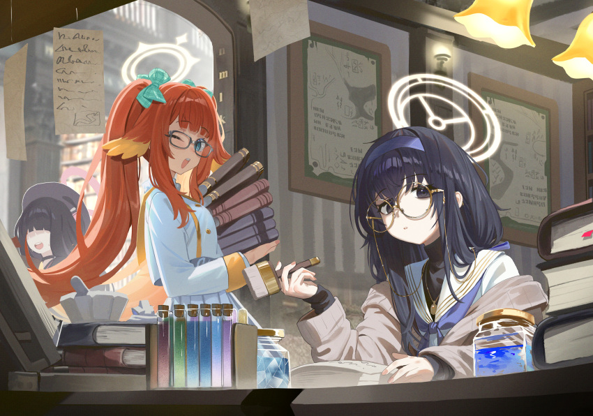 3girls bags_under_eyes beret black_hair black_hat blue_archive blue_eyes blush book cardigan glasses grey_cardigan hairband halo hat highres indoors jewelry jiki_(gkdlfnzo1245) justice_task_force_member_(blue_archive) long_hair long_sleeves looking_at_viewer multiple_girls neckerchief one_eye_closed open_mouth orange_hair paper pendant purple_eyes purple_hairband purple_neckerchief red_halo round_eyewear sailor_collar shimiko_(blue_archive) smile twintails ui_(blue_archive) white_sailor_collar yellow_halo