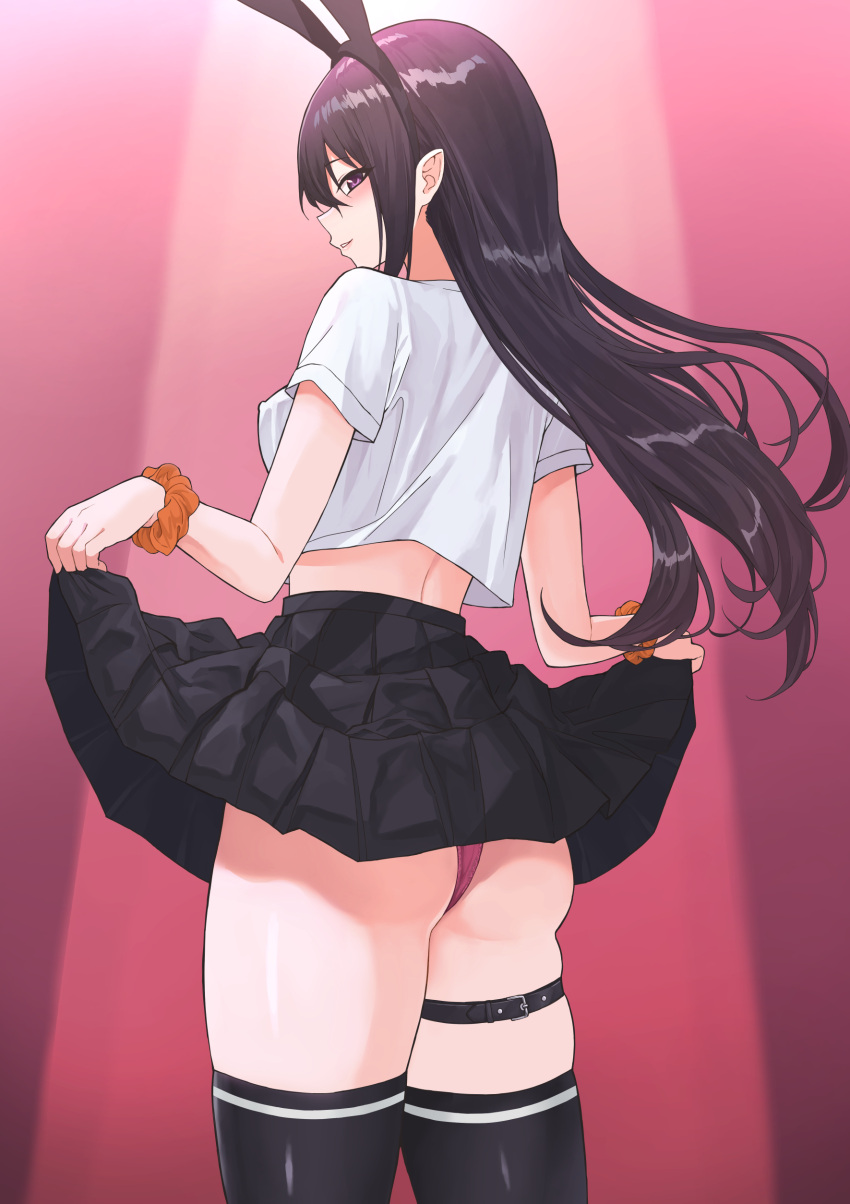 1girl absurdres animal_ears belt black_hair black_hairband black_skirt black_thighhighs clothes_lift commentary_request cropped_shirt fake_animal_ears from_behind hair_flowing_over hairband highres long_hair looking_at_viewer miniskirt orange_scrunchie original panties panty_peek parted_lips pink_panties pleated_skirt pointy_ears purple_eyes rabbit_ears scrunchie shirt short_sleeves sidelocks skirt skirt_lift solo sozoremi standing thigh_belt thigh_strap thighhighs underwear upper_body white_shirt wrist_scrunchie