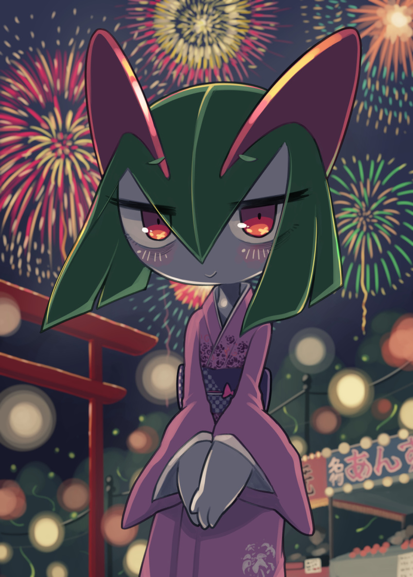 blush colored_skin fireworks green_hair highres horns ino_(tellu0120) japanese_clothes kimono kirlia looking_at_viewer pink_eyes pink_kimono pokemon pokemon_(creature) sidelocks smile torii v_arms white_skin