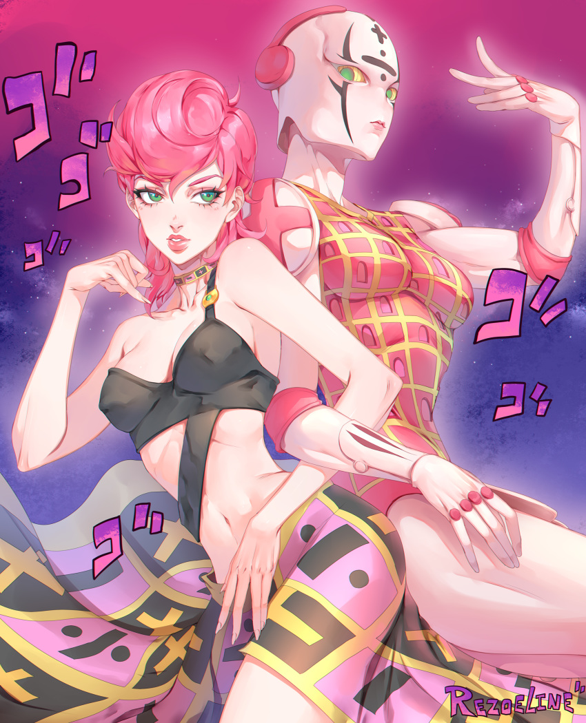 1girl absurdres armpit_peek artist_name breasts choker cleavage covered_nipples cowboy_shot green_eyes highres jojo_no_kimyou_na_bouken lips locked_arms medium_breasts midriff navel night night_sky pink_hair pose rezoeline short_hair single_strap skirt sky sleeveless spice_girl_(stand) stand_(jojo) star_(sky) starry_sky strapless trish_una tubetop vento_aureo