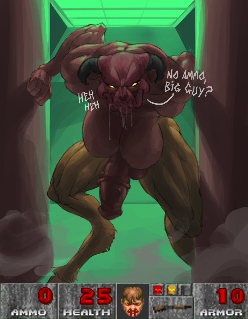 2_horns 5_fingers absurd_res animal_genitalia animal_penis balls big_breasts blood bloodshot_eyes bodily_fluids breasts brown_body brown_fur brown_hair clenched_teeth colored demon detailed_background deu dialogue digital_drawing_(artwork) digital_media_(artwork) doom_(series) doom_slayer drooling duo dust equine_genitalia equine_penis featureless_breasts fingers floor fur gameplay_mechanics genitals green_background gun hair health_points hell_knight hi_res hooves horn human humanoid id_software intersex intersex_focus larger_intersex light lighting looking_at_another male mammal muscular muscular_intersex muscular_thighs no_sclera nosebleed nude orange_eyes penis pillar pupils question_mark ranged_weapon red_balls red_body red_penis red_skin red_text saliva saliva_string shotgun simple_background size_difference smaller_male solo standing talking_to_another teeth text wall_(structure) weapon white_pupils white_text