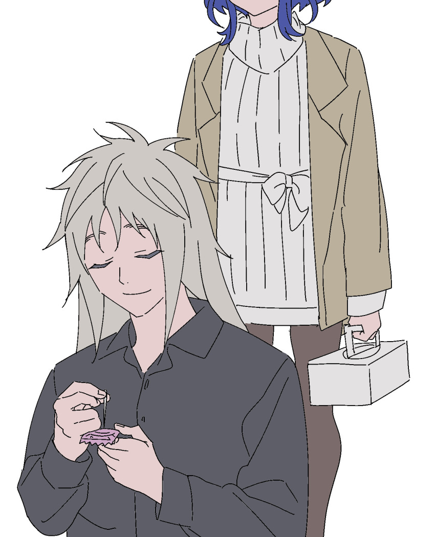 1boy 1girl anchiki_shou bad_id bad_twitter_id black_shirt blue_hair box brown_jacket brown_pants closed_eyes closed_mouth collared_shirt condom condom_wrapper facing_viewer grey_hair head_out_of_frame highres holding holding_box holding_condom holding_needle jacket king_of_prism_by_prettyrhythm long_hair long_sleeves needle pants pretty_rhythm pretty_series rinne_(pretty_rhythm) shine_(pretty_series) shirt short_hair simple_background smile standing sweater turtleneck turtleneck_sweater white_background white_sweater