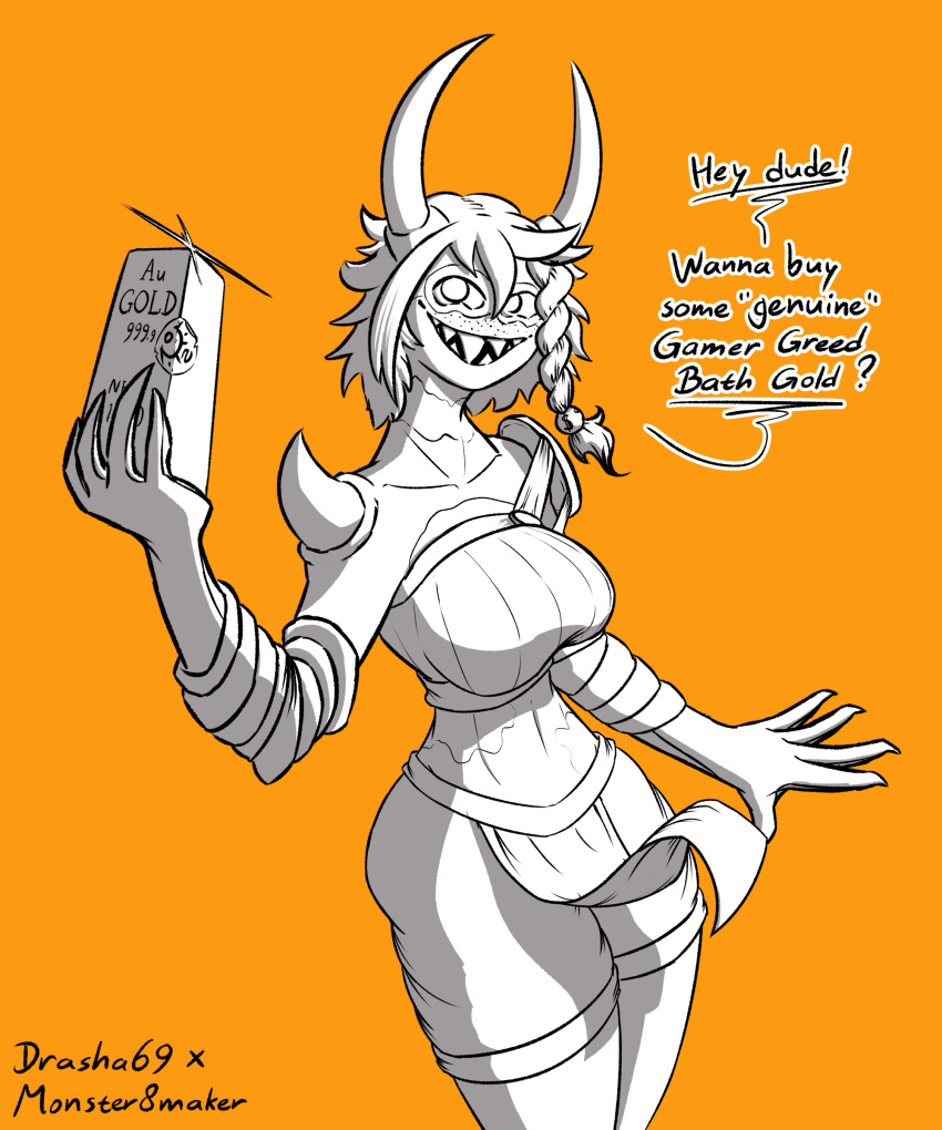 absurd_res anthro breasts clothed clothing demon drasha69 female hair hi_res horn looking_at_viewer monster open_mouth simple_background smile solo teeth