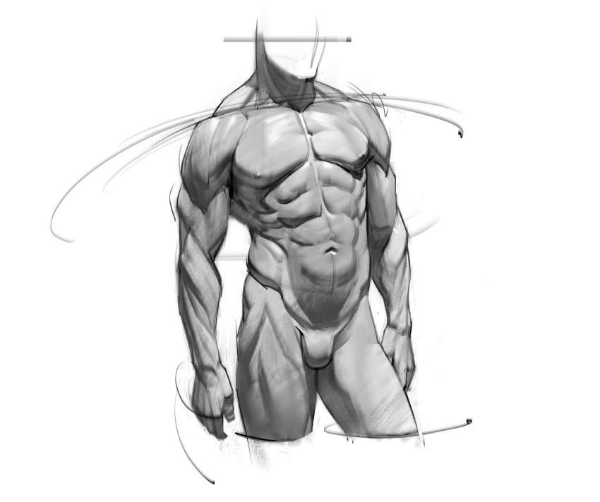 1boy abs anatomy bara contrapposto cropped_legs groin headless highres joshhunterblack_(saqomolo) large_pectorals male_focus muscular muscular_male navel nipples original pectorals realistic shredded_muscles sketch solo standing stomach thighs