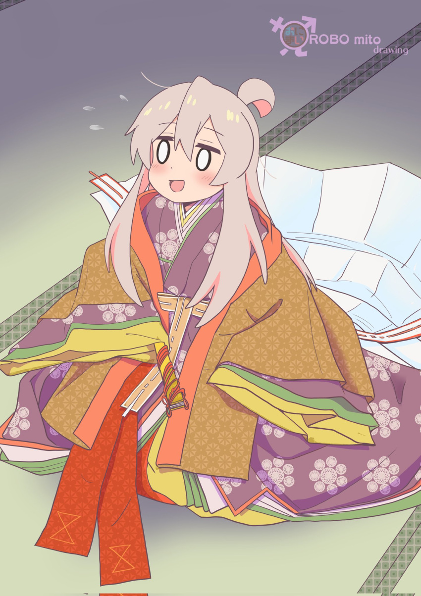 1girl :d ahoge artist_name blush commentary copyright_name corrupted_twitter_file english_text flying_sweatdrops folding_fan grey_hair hair_between_eyes hand_fan hat highres japanese_clothes karaginu_mo kimono male-female_symbol name_connection o_o onii-chan_wa_oshimai! open_mouth oversized_clothes oyama_mahiro pink_hair robomito sitting smile solo tatami tokin_hat wide_sleeves