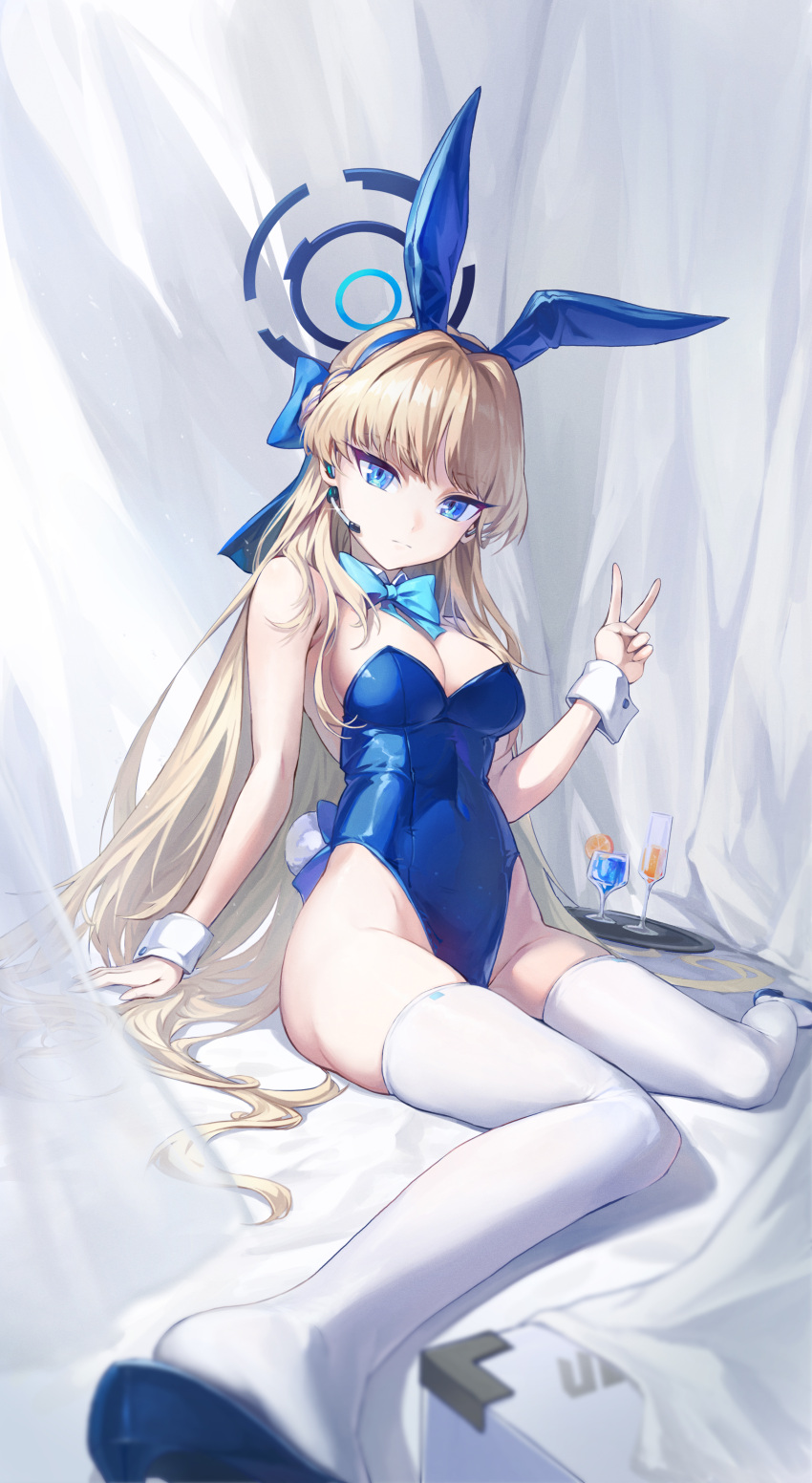1girl absurdres animal_ears aqua_bow aqua_bowtie bare_shoulders blonde_hair blue_archive blue_eyes blue_hairband blue_halo blue_leotard bow bowtie breasts closed_mouth cocktail cocktail_glass covered_navel cup detached_collar drinking_glass earpiece fake_animal_ears fake_tail hairband halo highleg highleg_leotard highres leotard long_hair looking_at_viewer official_alternate_costume playboy_bunny rabbit_ears rabbit_tail relfit solo strapless strapless_leotard tail thighhighs toki_(blue_archive) toki_(bunny)_(blue_archive) tray v very_long_hair white_thighhighs white_wrist_cuffs wrist_cuffs