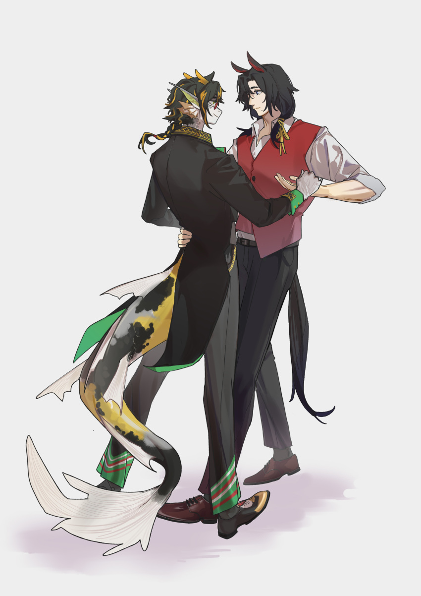 2023 absurd_res anthro arknights belt black_hair boots bottomwear carp clothed clothing cyprinid cypriniform dancing dragon duo fish footwear hair hi_res horn humanoid hypergryph ijustcm lee_(arknights) liang_xun_(arknights) long_hair looking_at_another looking_at_partner male male/male marine mythological_creature mythological_scalie mythology pants scalie shirt simple_background studio_montagne tail topwear vest