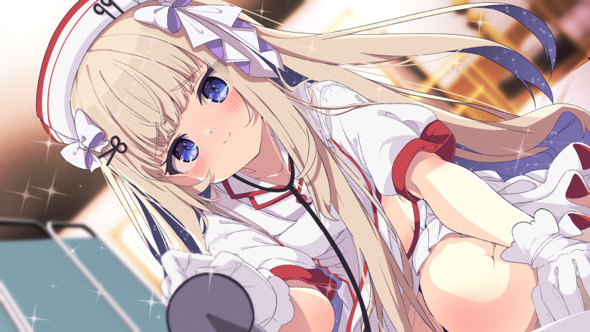 1girl amanogawa_shiina blue_eyes blush bow commission hair_bow hair_ornament hairclip hat highres holding holding_stethoscope long_hair looking_at_viewer nurse nurse_cap phase_connect pleated_skirt shiro9jira skeb_commission skirt smile stethoscope white_hair