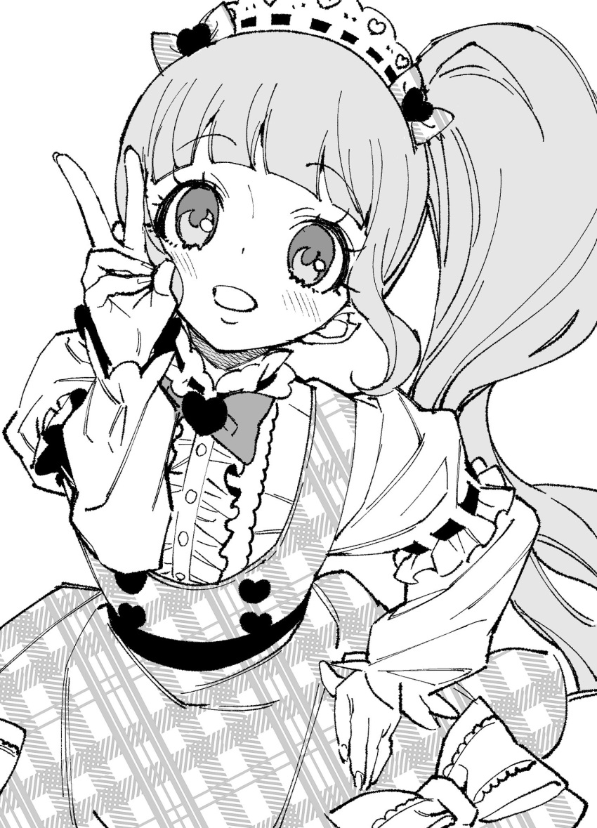 1girl :d anchiki_shou archived_source bad_id bad_twitter_id blunt_bangs blush bow center_frills cowboy_shot frills greyscale hand_on_own_hip hand_up heart highres image_sample long_hair long_sleeves looking_at_viewer manaka_non monochrome open_mouth pretty_series pripara puffy_sleeves side_ponytail simple_background smile solo standing twitter_sample v white_background