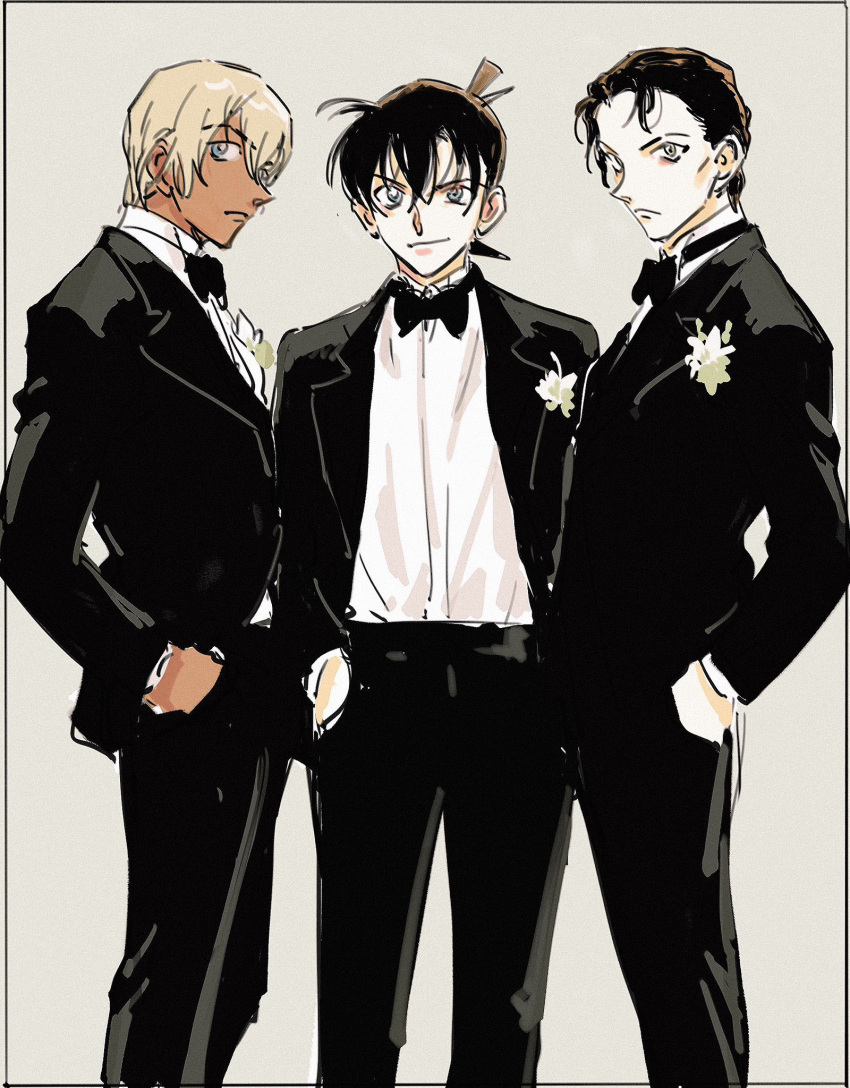 3boys akai_shuuichi amuro_tooru black_bow black_bowtie blonde_hair blue_eyes bow bowtie brown_hair cowboy_shot dark-skinned_male dark_skin flower grey_background hair_between_eyes hair_slicked_back hands_in_pockets highres looking_at_viewer looking_to_the_side male_focus masso meitantei_conan multiple_boys profile short_hair simple_background tuxedo tuxedo_jacket