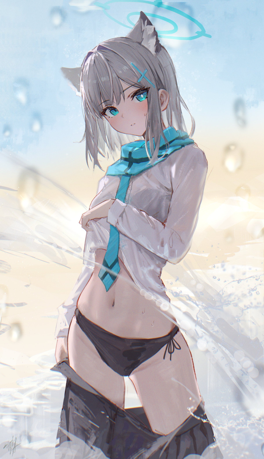 1girl absurdres animal_ear_fluff animal_ears black_bra blue_archive blue_eyes blue_halo blue_scarf bra clothes_lift cross cross_hair_ornament extra_ears grey_hair hair_ornament halo hidulume highres inverted_cross looking_at_viewer mismatched_pupils navel panties scarf see-through shiroko_(blue_archive) shirt shirt_lift short_hair underwear undressing water water_drop wet wet_clothes white_shirt wolf_ears