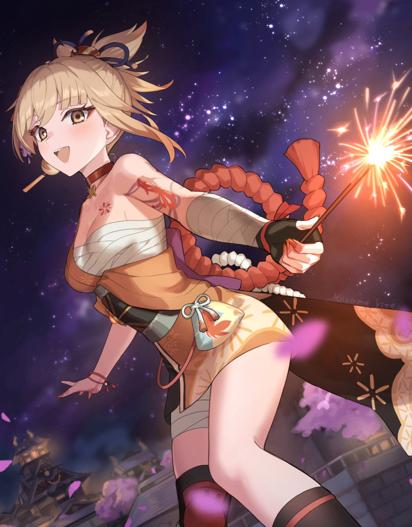 1girl arm_tattoo asymmetrical_legwear bandaged_arm bandaged_leg bandages bare_shoulders black_gloves blonde_hair blurry blush breast_tattoo breasts chest_sarashi commentary_request depth_of_field falling_petals fingerless_gloves genshin_impact gloves hadanugi_dousa highres holding_fireworks japanese_clothes karame_rise kimono kouhaku_nawa looking_at_viewer medium_breasts mixed-language_commentary night night_sky obi open_mouth orange_kimono outdoors petals ponytail red_eyes rope sarashi sash shimenawa short_kimono single_glove sky smile solo star_(sky) starry_sky tattoo yoimiya_(genshin_impact)