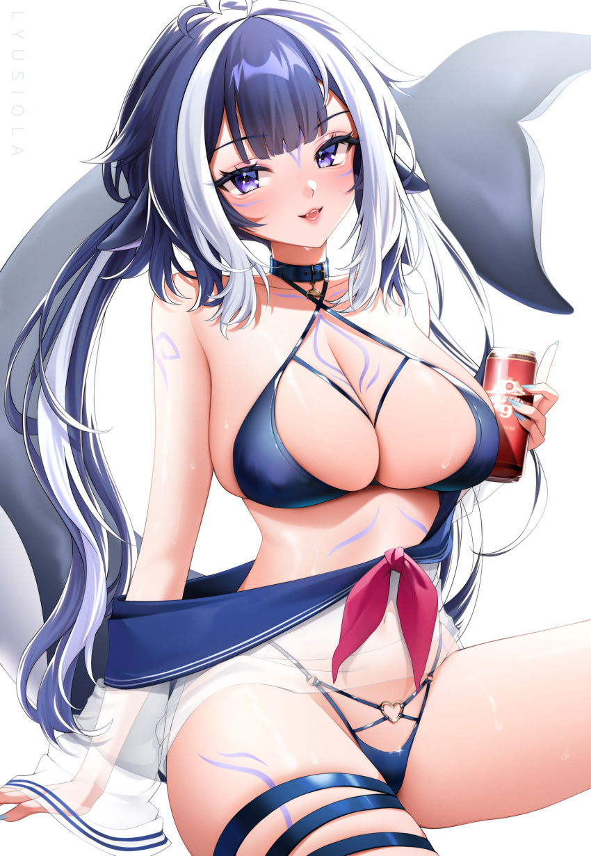 1girl ahoge animal_collar artist_name beer_can bikini black_hair blue_bikini blue_collar body_markings breasts can cetacean_tail collar collarbone criss-cross_halter drink_can eyelashes facial_mark fins fish_tail halterneck heart heart_ahoge heart_o-ring highres holding holding_can indie_virtual_youtuber lyusiola multicolored_hair o-ring orca_girl parted_lips pink_ribbon purple_eyes ribbon shylily shylily_(bikini) solo swimsuit tail thigh_strap two-tone_hair virtual_youtuber whisker_markings white_hair