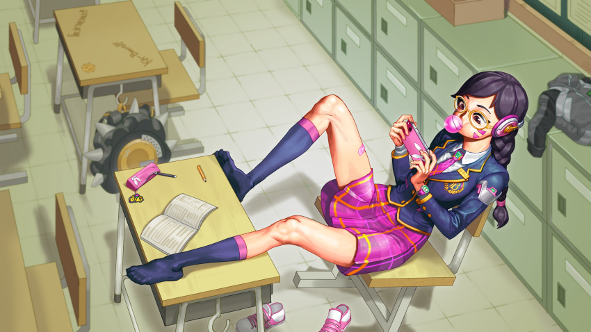 1girl academy_d.va alternate_costume alternate_hair_color alternate_hairstyle bandaid_on_leg bangs bespectacled black_hair blazer book braid brown_eyes bubble_blowing cellphone chair chewing_gum classroom d.va_(overwatch) full_body glasses headphones highres jacket junkrat_(overwatch) leaning_back long_legs lyoung0j name_tag open_book overwatch pencil_case phone pink_neckwear pink_skirt plaid plaid_skirt playing_games school_uniform shoes_removed sitting skirt smartphone socks solo swept_bangs twin_braids whisker_markings wireless