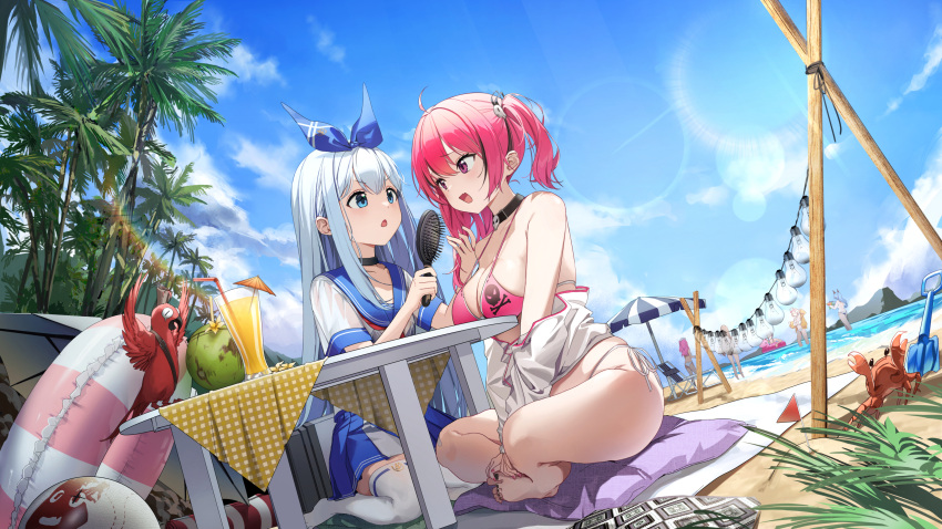 6+girls absurdres ahoge anchor_(nikke) anis_(nikke) anis_(sparkling_summer)_(nikke) beach bird black_hair blue_eyes blue_hair blue_ribbon blue_sailor_collar blue_skirt blue_sky breasts cleavage coconut crab goddess_of_victory:_nikke hair_brush hair_ornament hair_ribbon helm_(aqua_marine)_(nikke) helm_(nikke) highres holding holding_hair_brush jacket large_breasts light_blue_hair light_bulb mast_(a_pirate's_heart)_(nikke) mast_(nikke) morgan_(nikke) multicolored_hair multiple_girls nagul neon_(blue_ocean)_(nikke) neon_(nikke) ocean off_shoulder open_mouth outdoors palm_tree parrot pepper_(nikke) pepper_(ocean_vitamin)_(nikke) pink_eyes pink_hair rapi_(classic_vacation)_(nikke) rapi_(nikke) ribbon sailor_collar sand school_uniform see-through see-through_sleeves serafuku short_twintails sitting skirt skull_choker skull_hair_ornament skull_print sky streaked_hair sunlight table thighhighs tree triangle_mouth twintails white_jacket white_thighhighs