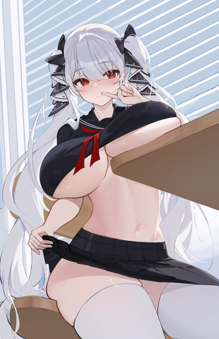1girl absurdres azur_lane black_sailor_collar black_serafuku breast_rest breasts breasts_on_table clothes_lift crop_top finger_to_mouth formidable_(azur_lane) formidable_(the_lover's_heart_flutters_on_duty)_(azur_lane) hair_ribbon highres index_finger_raised jojo_xiuxian large_breasts lifted_by_self long_hair looking_at_viewer navel official_alternate_costume pleated_skirt red_eyes ribbon sailor_collar school_uniform serafuku sitting skirt skirt_lift twintails two-sided_ribbon two-tone_ribbon underboob very_long_hair white_hair