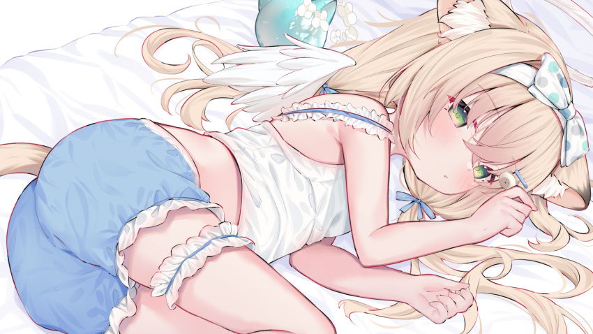 1girl angel_wings animal_ear_fluff animal_ears bare_shoulders bed_sheet blonde_hair blue_bow blue_shorts blush bow bow_hairband cat_ears cat_tail eip_(pepai) feathered_wings green_eyes hair_bow hair_ornament hairband hairclip indie_virtual_youtuber looking_at_viewer lying mini_wings nekozaki_aira on_bed on_side polka_dot polka_dot_bow shirt shorts sleeveless sleeveless_shirt solo tail thigh_strap white_hairband white_shirt wings