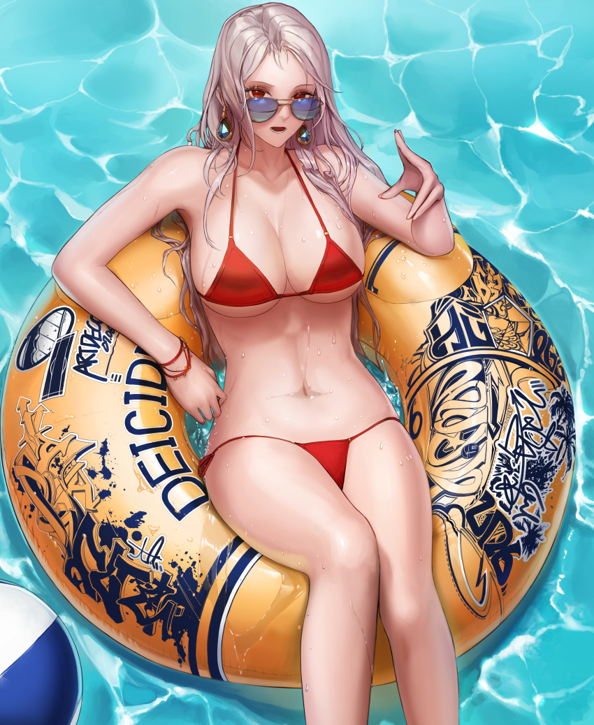 1girl absurdres aviator_sunglasses bangs belly bikini bracelet breasts cleavage demon_slayer_(dungeon_and_fighter) dungeon_and_fighter earrings female_slayer_(dungeon_and_fighter) highres huge_filesize innertube jewelry large_breasts legs_together light_brown_hair long_hair looking_at_viewer looking_over_eyewear lying monaim navel on_back open_mouth outdoors parted_bangs red_bikini red_eyes side-tie_bikini side-tie_bottom silver_hair solo sunglasses swimsuit teeth water wet