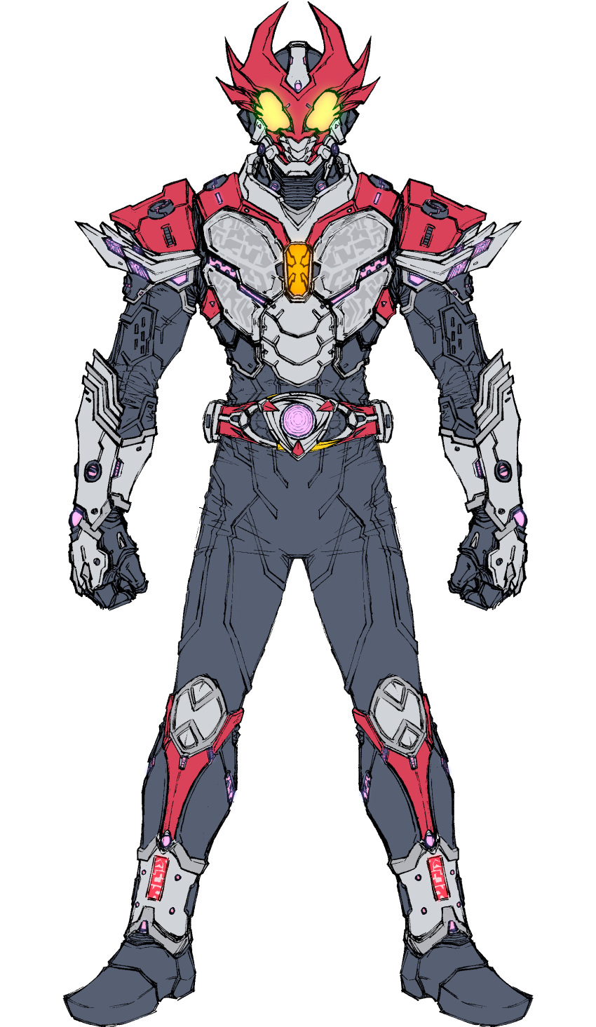 absurdres altering_(agito) armor belt bodysuit clenched_hand compound_eyes driver_(kamen_rider) full_body gloves helmet highres horns kamen_rider kamen_rider_agito kamen_rider_agito_(series) kamen_rider_agito_(shining_form) looking_at_viewer male_focus mask rider_belt simple_background solo standing tokusatsu white_background yellow_eyes zd19990214