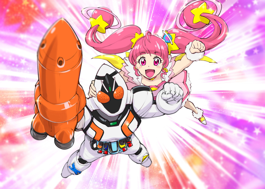 1boy 1girl :d ahoge bangs blunt_bangs blush bodysuit choker clenched_hand commentary_request company_connection cure_star dress earrings floating_hair flying hair_ornament hoshina_hikaru jewelry kamen_rider kamen_rider_fourze kamen_rider_fourze_(series) long_hair magical_girl open_mouth pink_eyes pink_hair planet_hair_ornament precure rocket smile sparkle speed_lines star star_choker star_hair_ornament star_twinkle_precure touei trait_connection twintails ueyama_michirou very_long_hair wrist_cuffs