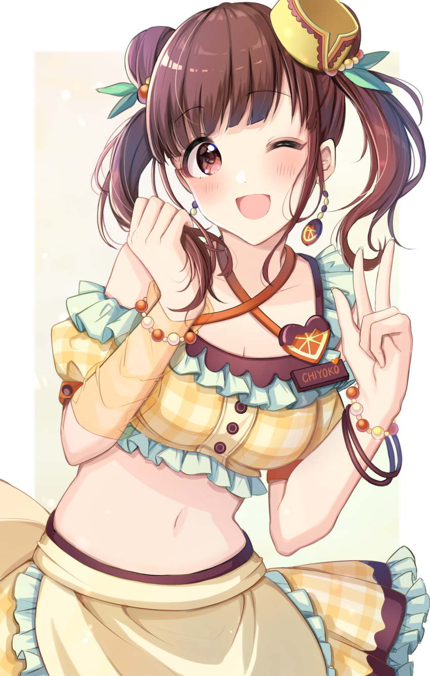 1girl ;d apron blush breasts brown_hair cleavage collarbone criss-cross_halter crop_top double_bun earrings frills hair_bun hair_ornament halterneck hands_up highres idolmaster idolmaster_shiny_colors jewelry long_hair looking_at_viewer medium_breasts midriff navel one_eye_closed open_mouth plaid plaid_skirt red_eyes satoimo_chika sidelocks skirt smile solo sonoda_chiyoko stomach twintails upper_body w waist_apron yellow_skirt