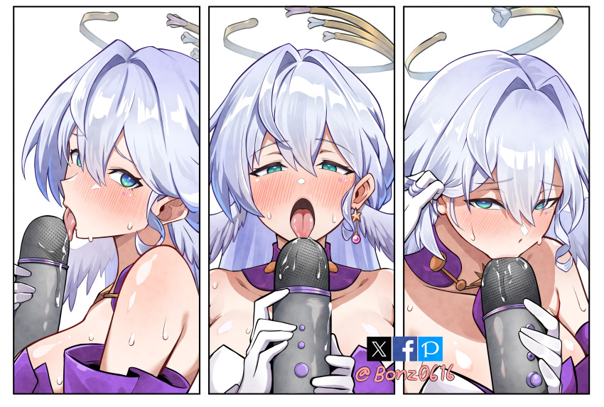 1girl absurdres bare_shoulders blush bonz_(bonz0616) drooling english_commentary fellatio halo head_wings highres holding holding_microphone honkai:_star_rail honkai_(series) kissing_object licking long_hair looking_at_viewer microphone oral robin_(honkai:_star_rail) saliva sexually_suggestive simulated_fellatio solo sweat tongue tongue_out very_long_hair wings