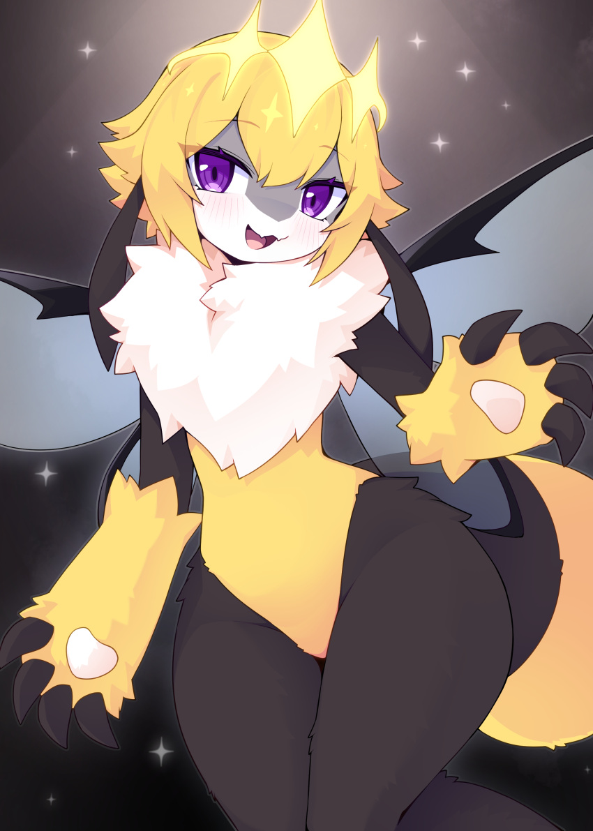 2024 4_fingers absurd_res antennae_(anatomy) anthro arthropod bee black_body black_fur blonde_hair devil-vox digital_media_(artwork) fangs featureless_crotch female female_anthro fingers fluffy fur hair happy hi_res honey_bee hymenopteran insect kemono looking_at_viewer open_mouth poison_honeybee_(solo_farming_in_the_tower) portrait purple_eyes queen_poisonous_honeybee_(solo_farming_in_the_tower) short_hair solo solo_farming_in_the_tower tail teeth three-quarter_portrait tongue white_body white_fur wings yellow_body yellow_fur