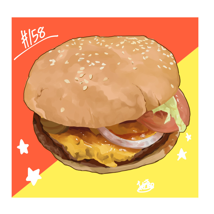 absurdres bread burger cheese food food_focus highres meat no_humans onion original sesame_seeds takisou_sou tomato tomato_slice