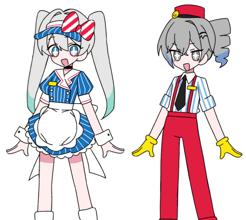+_+ 2girls :d apron black_necktie blue_dress blue_eyes blue_hat blue_shirt bow channel_(_caststation)_(style) cosplay dress drill_hair drill_ponytail emne feet_out_of_frame firefly_(honkai:_star_rail) frilled_apron frills gloves grey_eyes grey_hair hair_between_eyes hair_intakes hat hat_bow hatsune_miku hatsune_miku_(cosplay) highres honkai:_star_rail honkai_(series) kasane_teto kasane_teto_(cosplay) legs_apart looking_at_viewer mesmerizer_(vocaloid) multiple_girls necktie open_mouth pants pinstripe_dress pinstripe_pattern red_bow red_hat red_pants shirt short_dress side-by-side silver_wolf_(honkai:_star_rail) simple_background smile striped_clothes striped_shirt suspenders twintails two-tone_shirt visor_cap waist_apron white_apron white_background white_shirt white_wrist_cuffs wrist_cuffs yellow_gloves